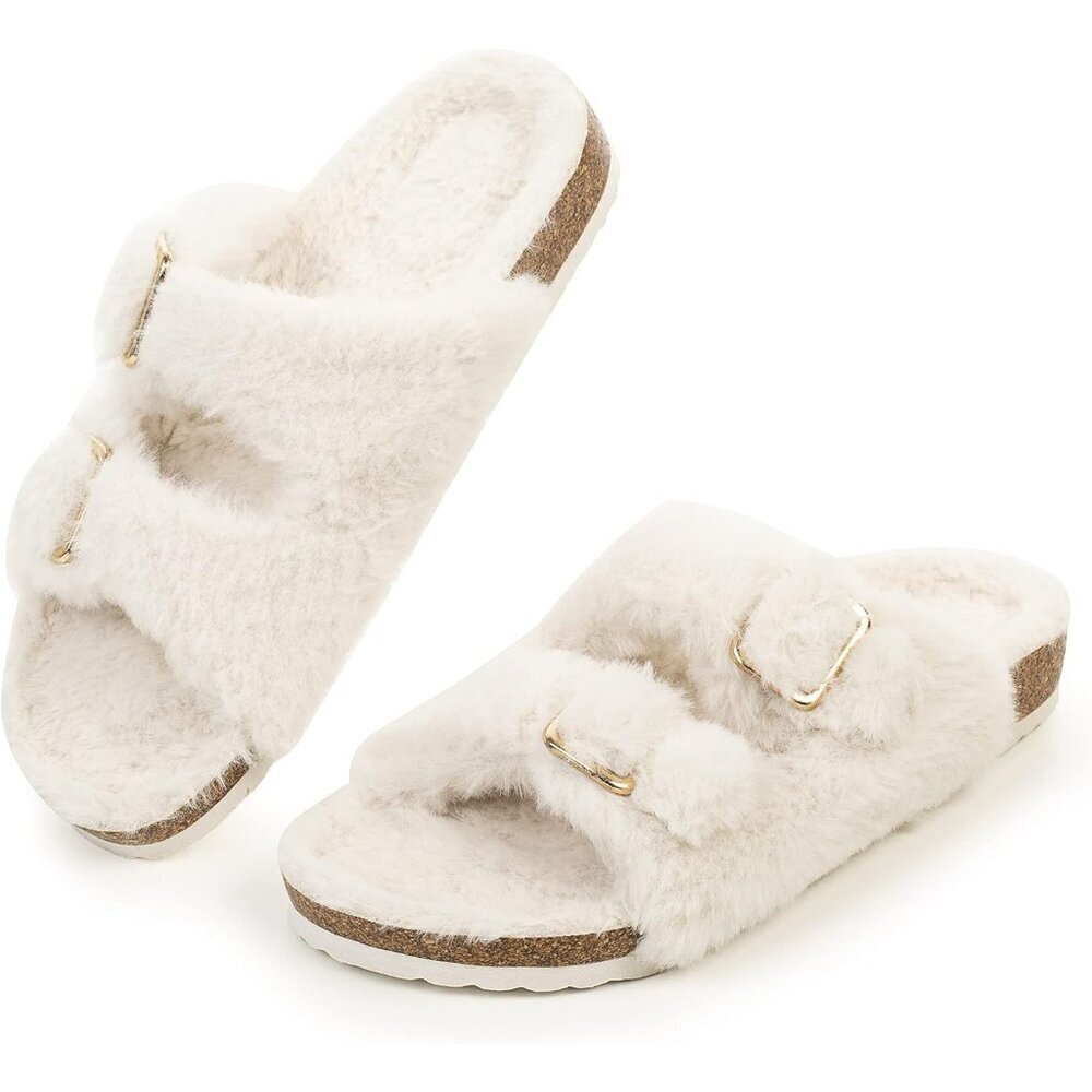 Women's Cozy Lining Faux Rabbit Fur Cream Cork Open Toe Slipper Sandals Shoes